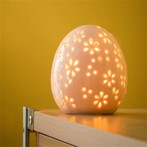 Easter Ceramic Egg Lamp  Floral Cutout Porcelain Decorative Night Light for Bedroom, Living Room, Cute Bunny Accessories for Easter Table Mantel Decor & Gifts