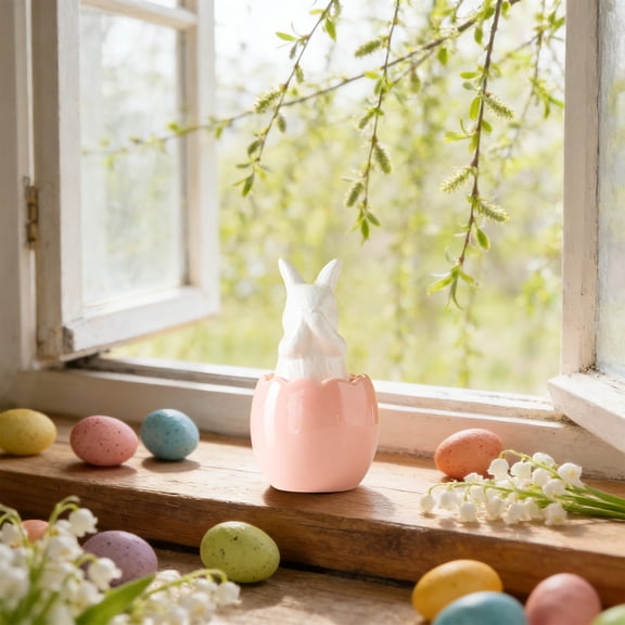Easter Ceramic Egg Shell Bunny Figurine for Shelf Desk Centerpiece Spring Decor Cute Hand Painted with Crackle Effect