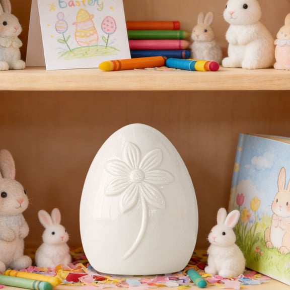 Easter Ceramic Egg with Flower Carving, Solid Color Easter Egg Home Tabletop Decoration