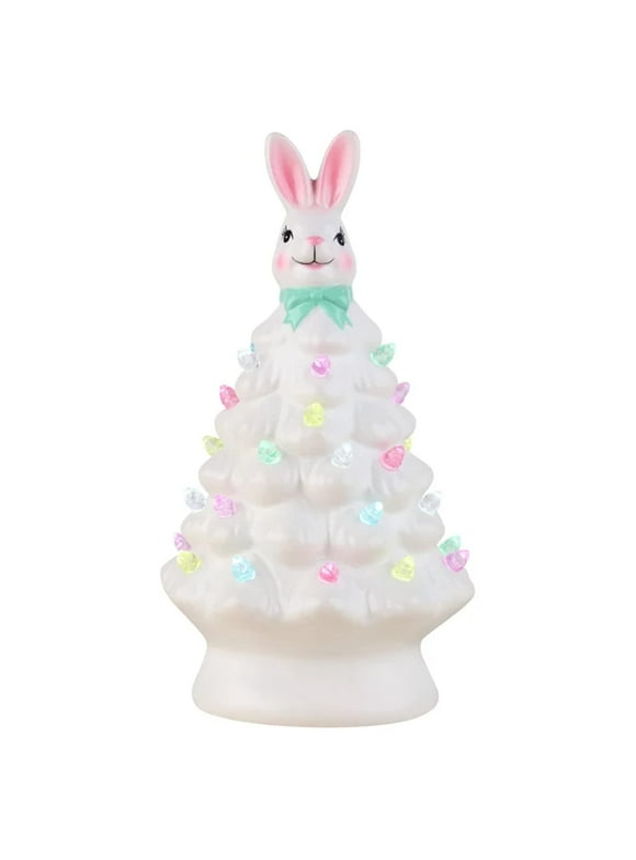 Easter Ceramic Tree,Light-Up Bunny Easter Decorations,Pink Bunny Tree Easter Decorations for Indoor Spring Home Office Tabletop Bunny Rabbit Pink Tree Home Decor
