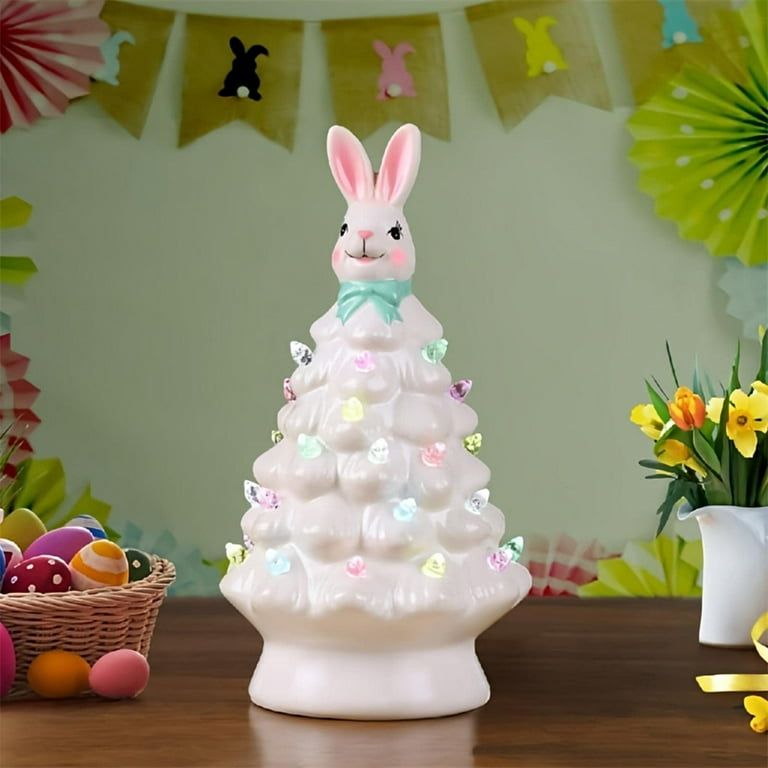 Easter Ceramic Tree, Lighted Bunny Easter Decorations,Pink Bunny Tree Easter  Decorations for Indoor Spring Home Bedroom Office Decor,Tabletop Bunny  Rabbit Pink Tree Home Decor 