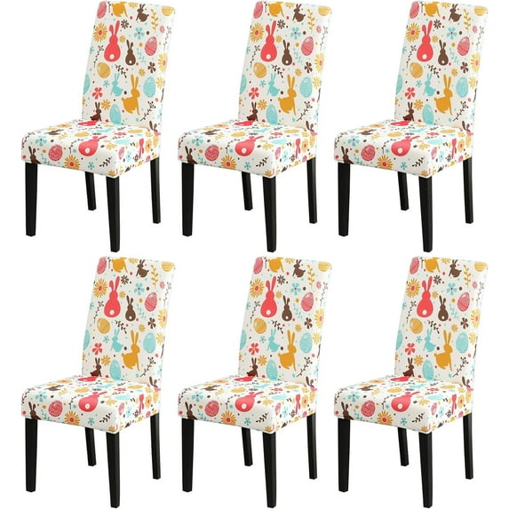 Easter Chair Cover Set of 6,High Stretch Removable Washable Chair Seat Protector Cover for Easter Decoration-Easter Theme Decor with Colourful Bunny
