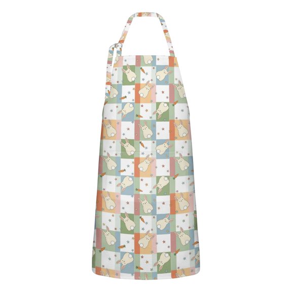 Easter and Checkered Squares Multicolor Pattern Apron with Pockets, Cotton Linen Waterproof Adjustable Apron for Women, Kitchen Cooking Gardening BBQ Salon Apron, 33x27 Inch