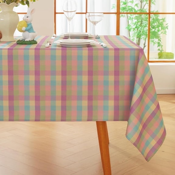 Easter Checkered Tablecloth Rectangle 60"x 106", Cotton Linen Spring Gingham Table Cloth Washable Wrinkle Free, Buffalo Plaid Table Cover for Outdoor Picnic Holiday Party, Colorful Purple