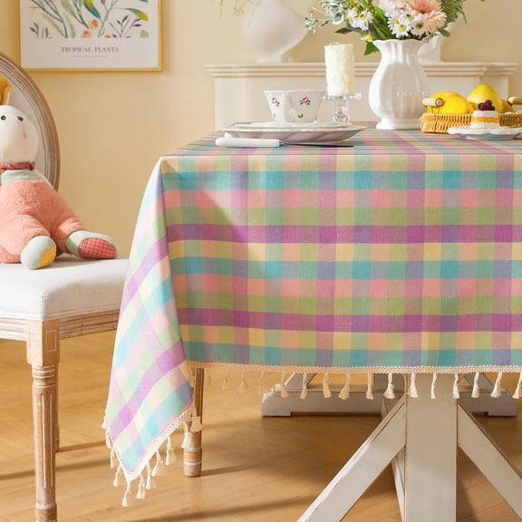 Easter Checkered Tablecloth Rectangle Washable Buffalo Plaid Spring Table Cloth with Tassel Gingham Table Cover for Dining Room, Easter Color, Rectangle, 55''x70'', 4-6 Seats