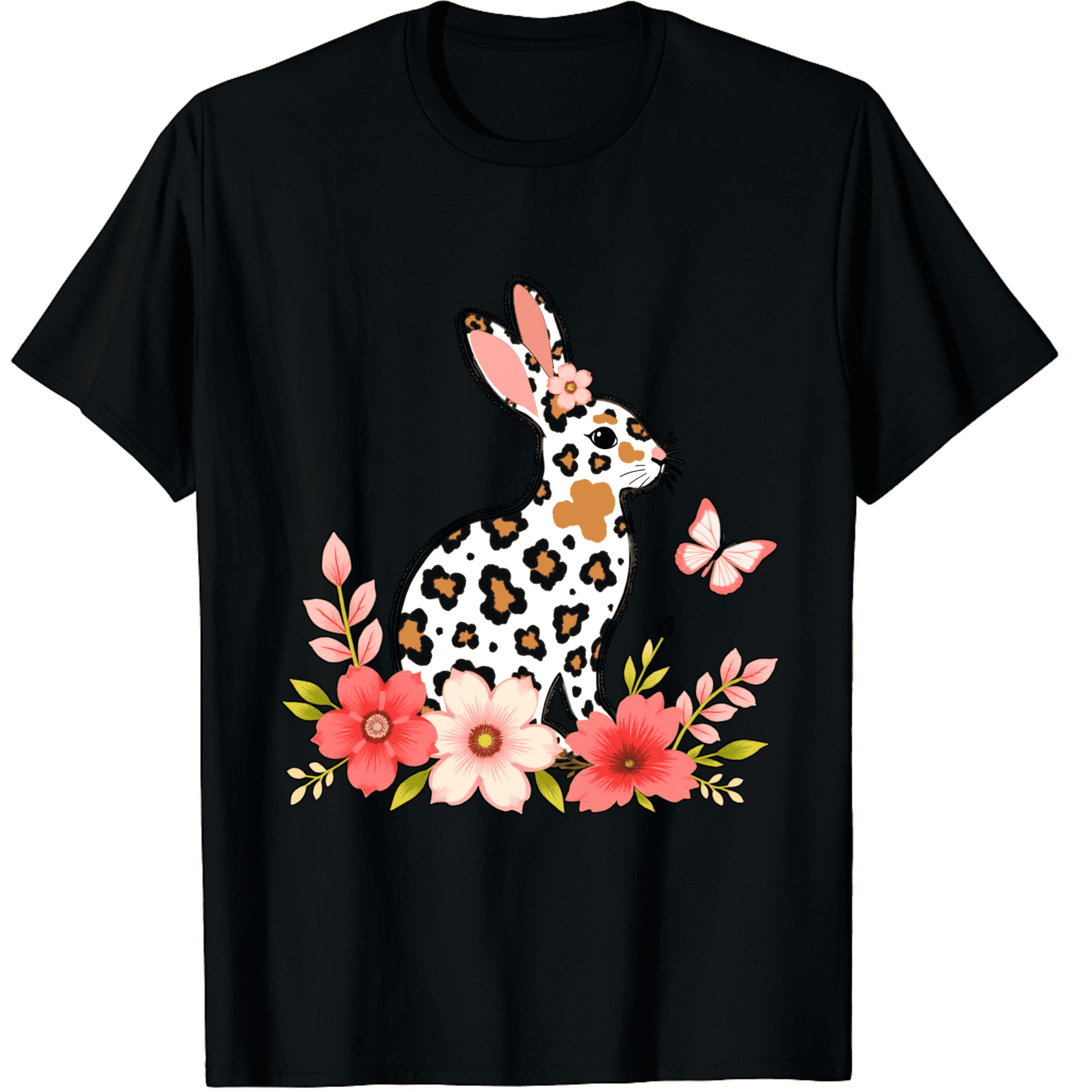 Easter Cheetah Pattern Bunny Butterfly Floral Art Short Sleeve T-Shirt ...