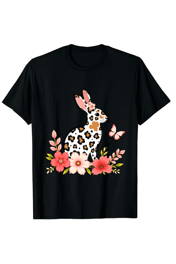Easter Cheetah Pattern Bunny Butterfly Floral Art Short Sleeve T-Shirt For Women Men Casual Wear