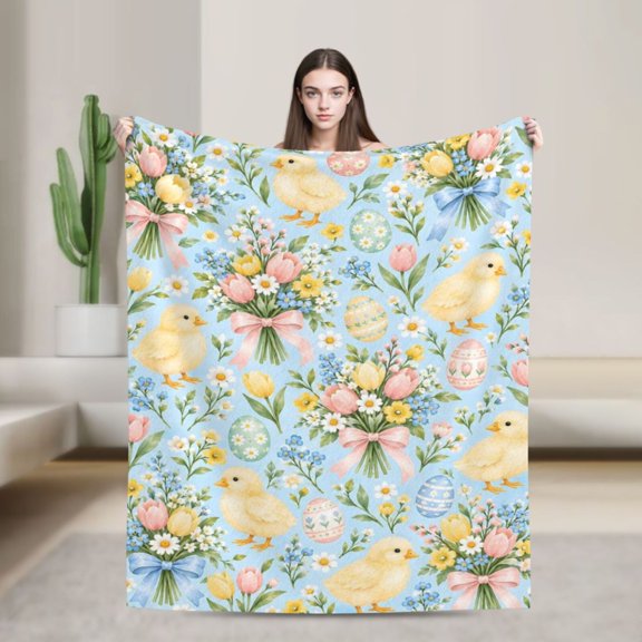Easter Chick Blanket with Pastel Eggs Tulips and Spring Flower Bouquets 50x40 in