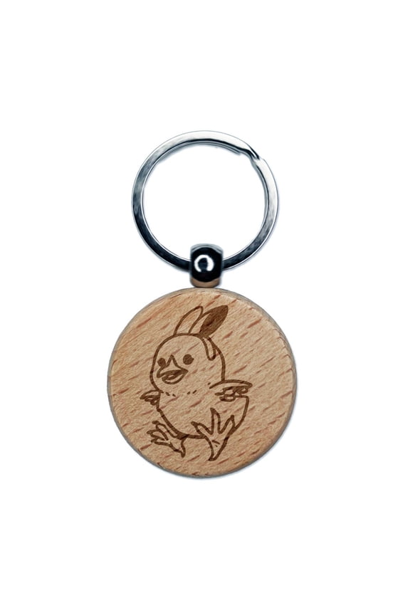 Easter Chick Chicken with Bunny Rabbit Ears Round Keychain Charm Tag - Engraved Wood