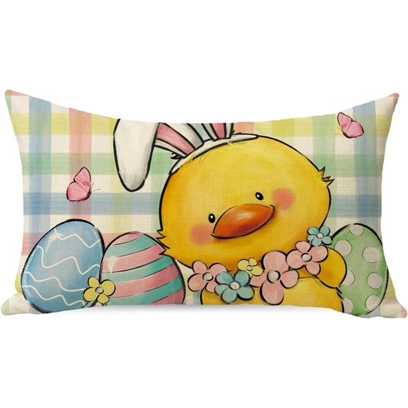 Easter Chick Eggs Lumbar Decorative Throw Pillow Cover 12 x 20, Chicken Bunny Ears Colorful Plaid Check Rectangle Cushion Case Decor, Flowers Butterfly Farmhouse Home Decoration for Sofa Couch