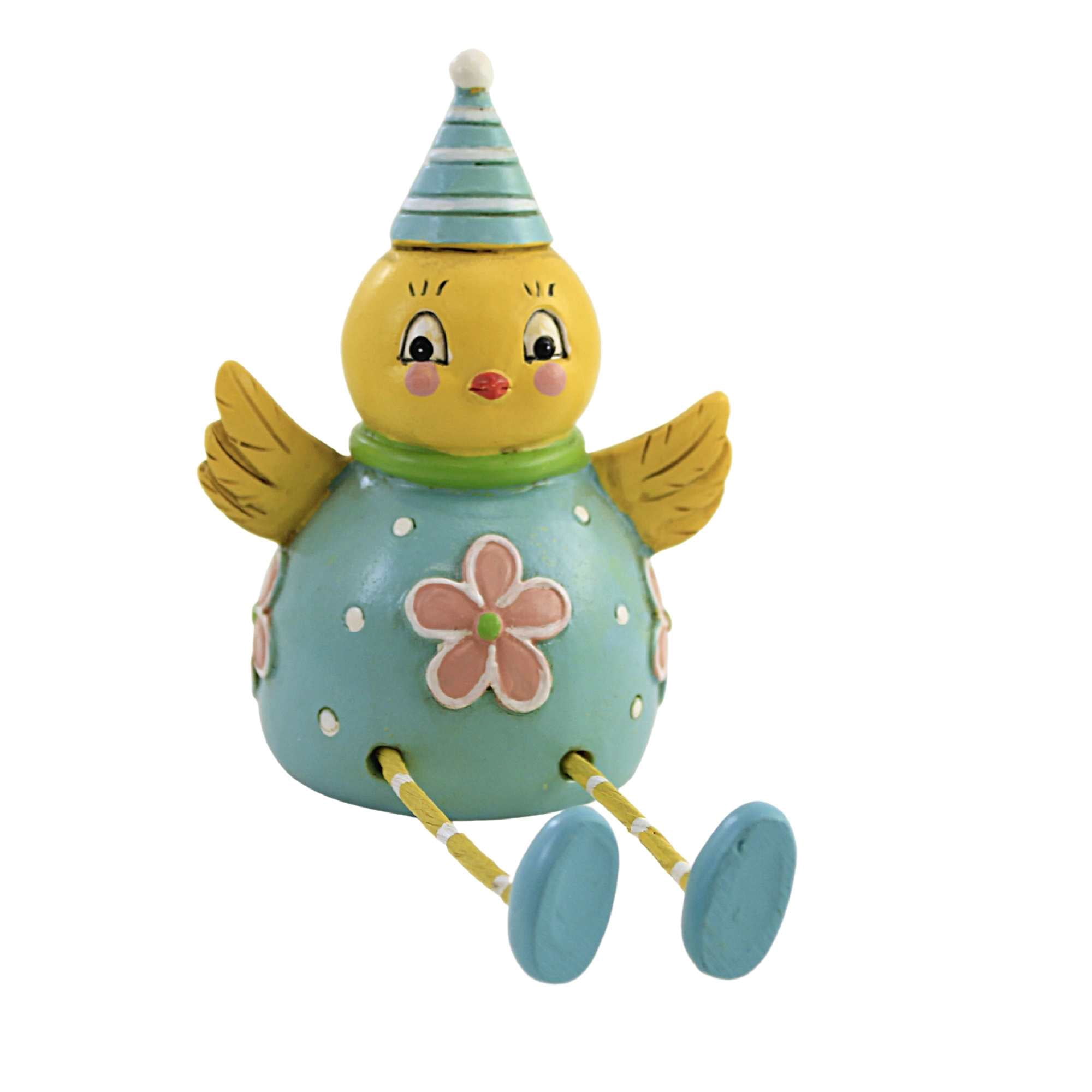Yellow Chick Figurine with Blue Polka Dot Outfit and Flowers