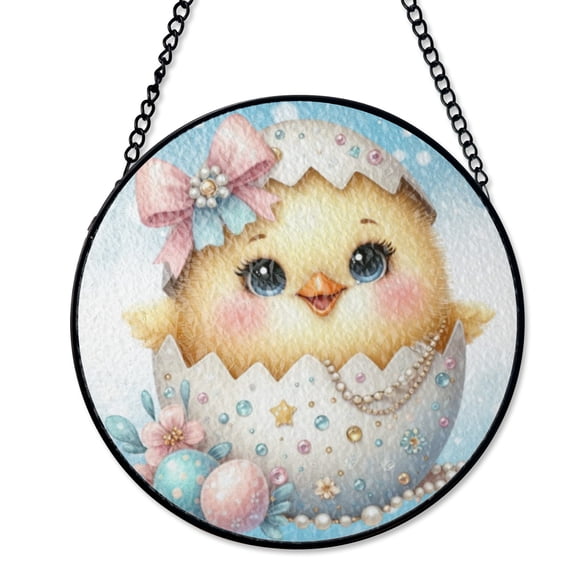 Easter Chick Jeweled Egg Suncatcher Stained Glass Style UV Printed Glass Fancy Holiday Decor Round