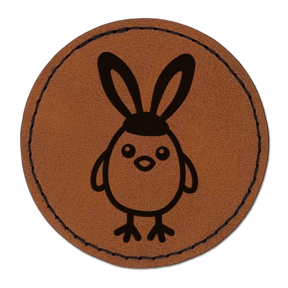 Easter Chick with Bunny Ears 2.5" Faux Leather Round Engraved Iron-On Patch - Brown