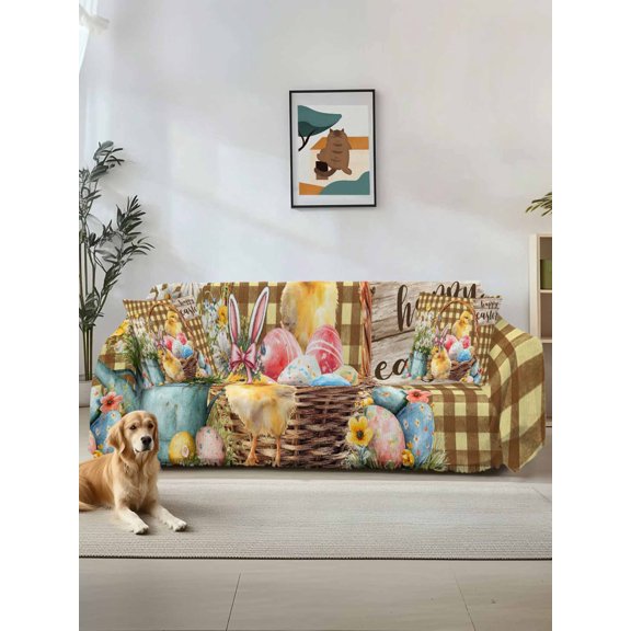 Easter Chicken Eggs Couch Cover, Spring Daisy Flowers Yellow Brown Check Oversized Sofa Cover Blanket for 3 Cushion Couch, Sectional Sofa Slipcover Protector for Living Room Bedroom 71''x150''