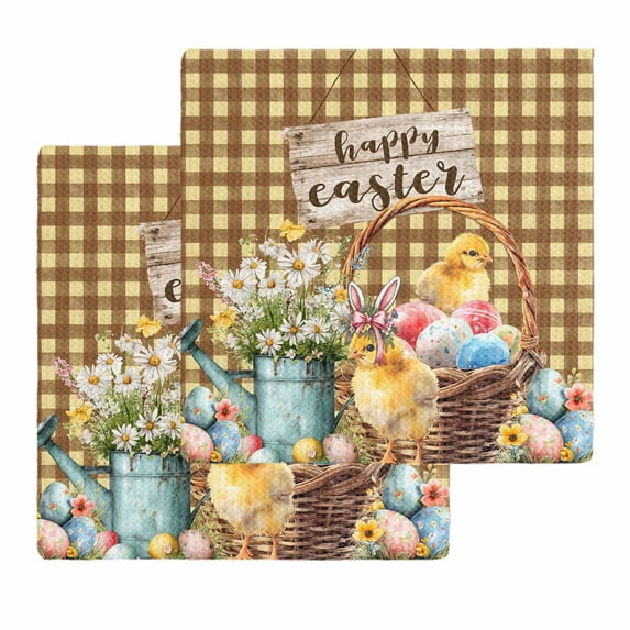 Easter Chicken Eggs Kitchen Dish Towels for Drying Dishes Set of 2, Spring Daisy Flowers Yellow Brown Check Waffle Weave Microfiber Hand Tea Bathroom Towels Quick Dry & Absorbent Towel 12x12