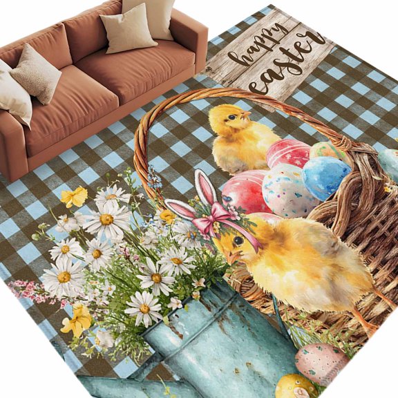 Easter Chicken Eggs Washable Rug 5x7 Area Rugs for Living Room, Spring Daisy Flowers Blue Brown Plaid Large Bedroom Rug Soft Non-Slip Low Pile Carpet for Dining Room Kitchen Office Laundry Nursery