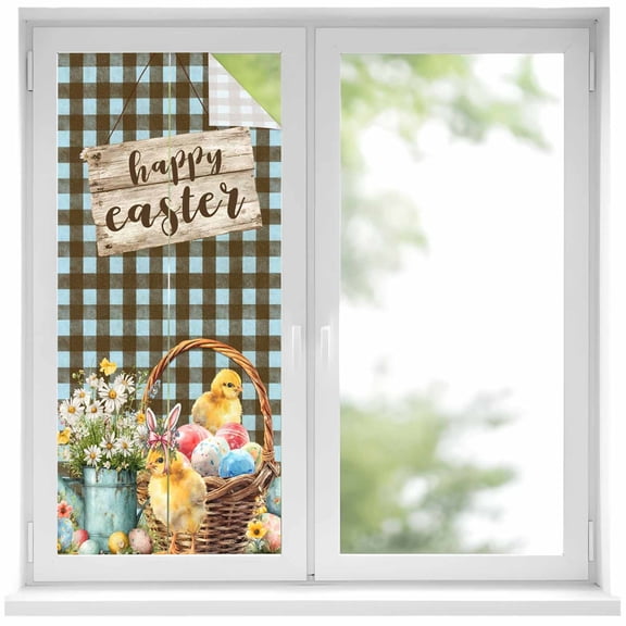 Easter Chicken Eggs Window Privacy Film, Spring Daisy Flowers Blue Brown Plaid Static Cling UV Sun Blocking Heat Control Window Tint Day and Night, Non-Adhesive One Way Privacy Cover 19.6''x39.3''