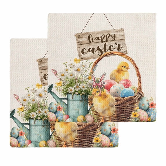 Easter Chicken Kitchen Dish Towels for Drying Dishes Set of 2, Colorful Eggs Spring Daisy Wildflowers Basket Waffle Weave Microfiber Hand Tea Bathroom Towels Quick Dry & Absorbent Towel 12x12