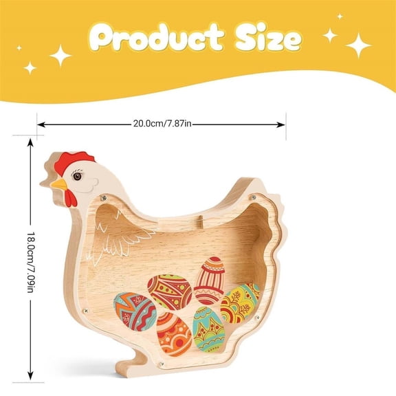 Easter Chicken Piggy Bank, Wooden Egg Design Money Box | for Kids, Tabletop, Desk & Easter Home Decor | 20×18cm