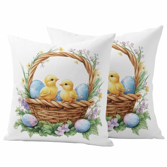 Easter Chicken Pillow Covers 2 Pack Watercolor Cartoon Basket Chicken Blue Eggs Spring Floral Leaf Pillowcase Waterproof Outdoor Throw Pillow Cover for Patio Garden Square Cushion 24”x24”