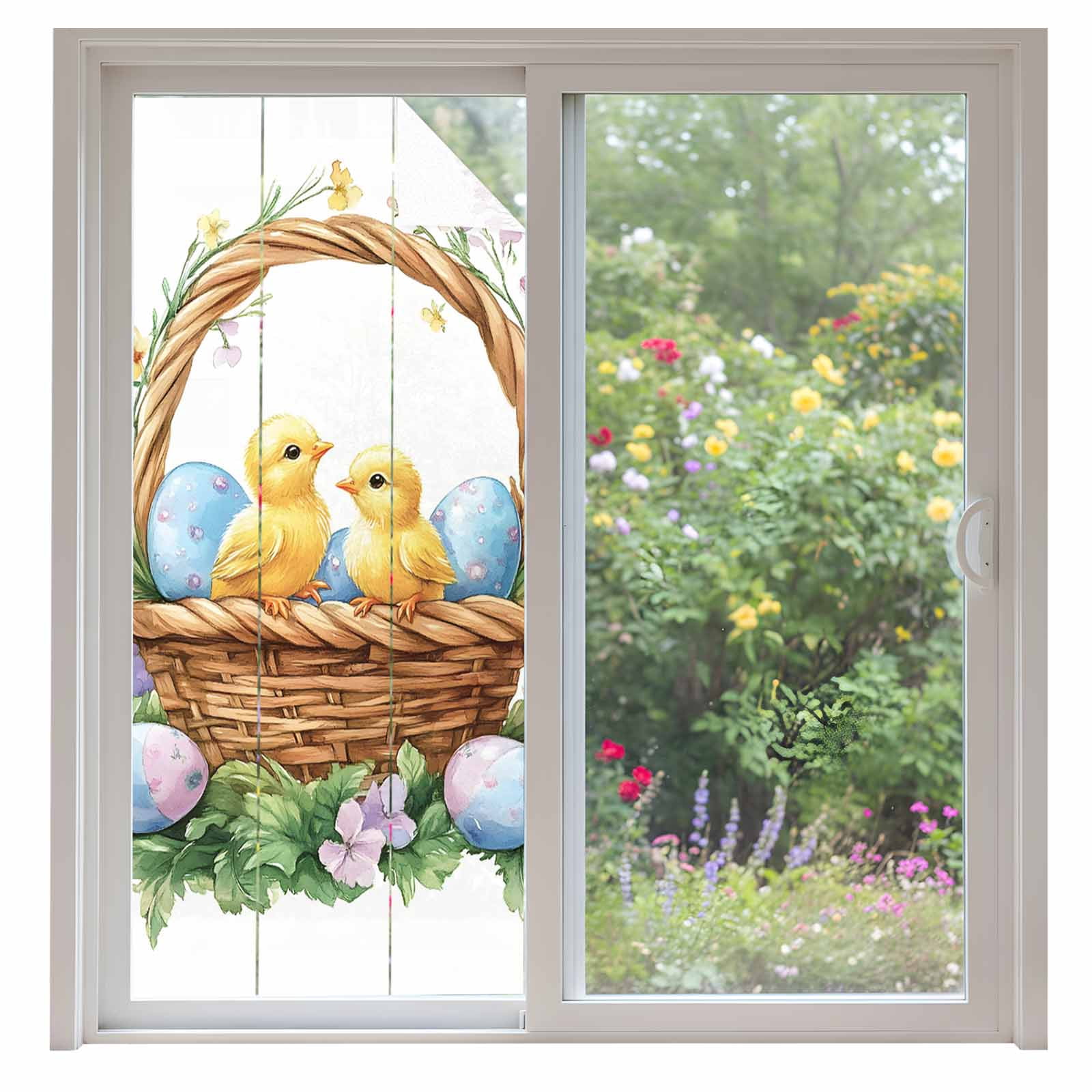 Easter Chicken Window Privacy Film, Cartoon Basket Chicken Blue Eggs ...