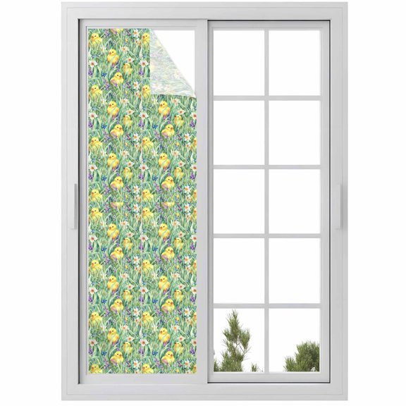 Easter Chicken Window Privacy Film, Spring Chicken Grass Eggs Floral Frosted Glass Window Clings Static Cling UV Heat Blocking Reusable Door Sticker for Bathroom 29.5 x 118 Inch