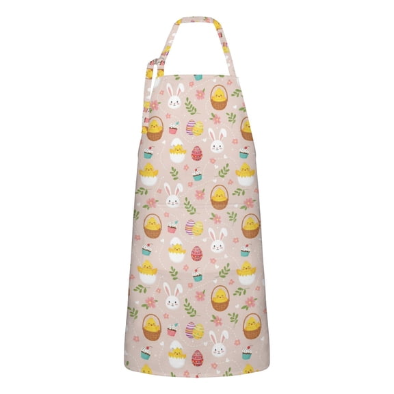 Easter and Chicks Light Pink Pattern Apron with Pockets, Cotton Linen Waterproof Adjustable Apron for Women, Kitchen Cooking Gardening BBQ Salon Apron, 33x27 Inch