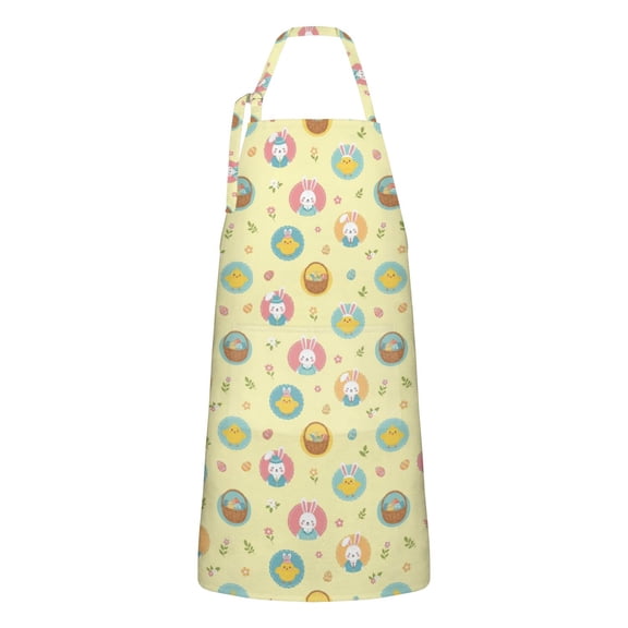 Easter and Chicks Yellow Pattern Apron with Pockets, Cotton Linen Waterproof Adjustable Apron for Women, Kitchen Cooking Gardening BBQ Salon Apron, 33x27 Inch
