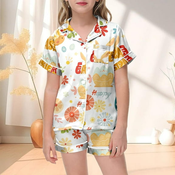 Easter Children Satin Pajamas Set Cute Bunny Outfit Easter Button up Short Sleeve Shirt And Shorts Pajamas Set Girls Pajamas