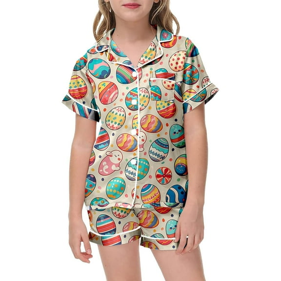 Easter Children Satin Pajamas Set Easter Egg Cartoon Printed Button up Short Sleeve Shirt And Shorts Set Preppy Pajamas For Girls