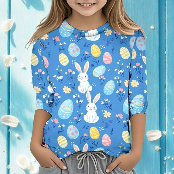 Easter Children's Seve Quarter Sleeve Printed T Shirt Top Comfortable Casual Shirt 8-9 Years Kids Toddler Easter Outfit Size 8-9 Years