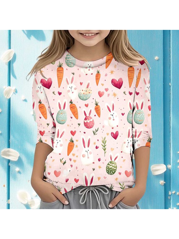 Easter Children's Seve Quarter Sleeve Printed T Shirt Top Comfortable Casual Shirt Easter Outfit Size 3-4 Years