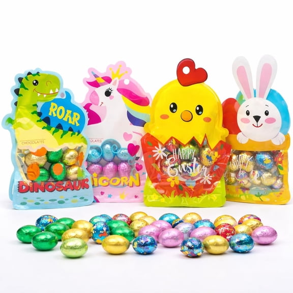 Easter Chocolate Mini Eggs Bulk Buy Foil Wrapped Milk Chocolate with Hazelnut Pralines - 50g Unicorn, Bunny, Dinosaur & Little Chick Mini Eggs Bags Easter Gifts, Egg Hunt