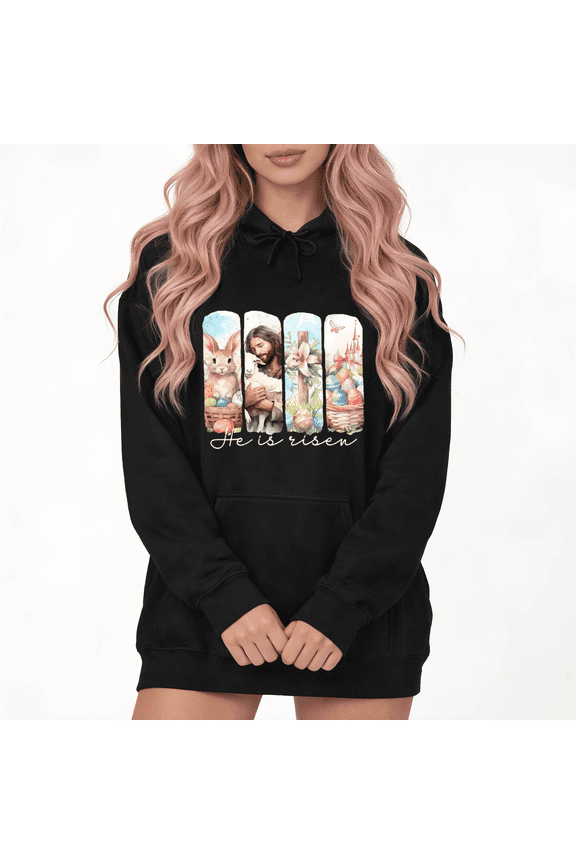 Easter Christian Cross Graphic Sweatshirt Womens Print Sweatshirt White Hoodie Religious Bunny Egg Design S-2XL Comfy Casual Pullover Tops