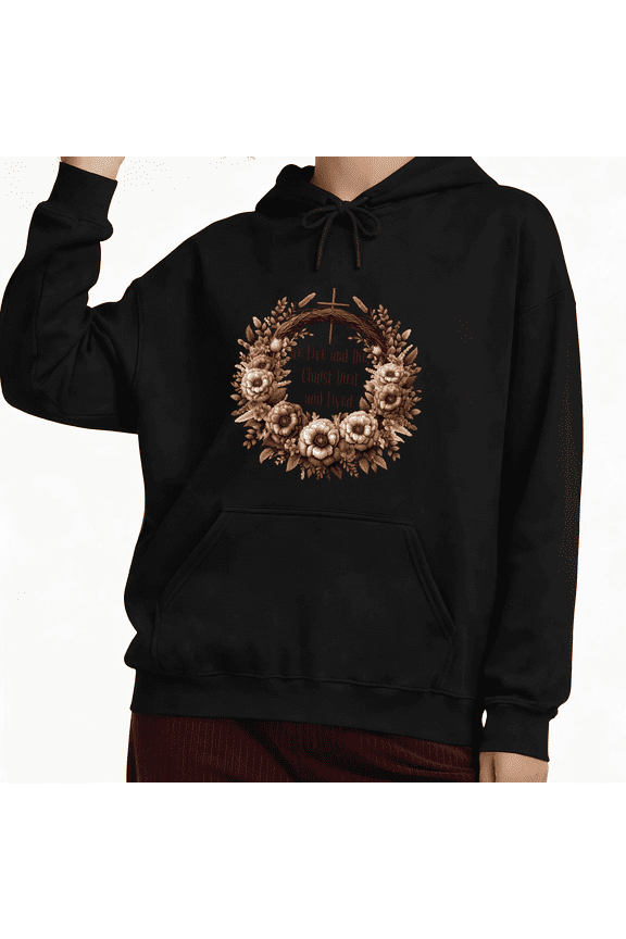 Easter Christian Faith Graphic Sweatshirt Womens Print Sweatshirt Black Hoodie Cross Floral Wreath Design S-2XL Comfy Church Wear Tops