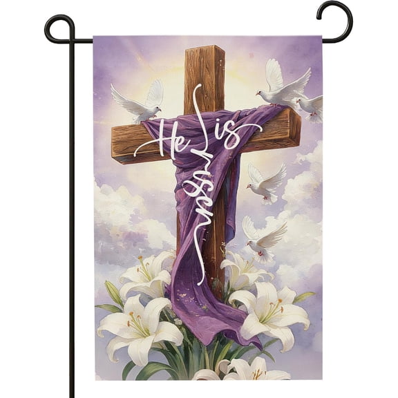 Easter Christian He is Risen Flag 12x18 Double Sided Religious Cross Lily Flower Faith Garden Yard Outdoor Decor-A06