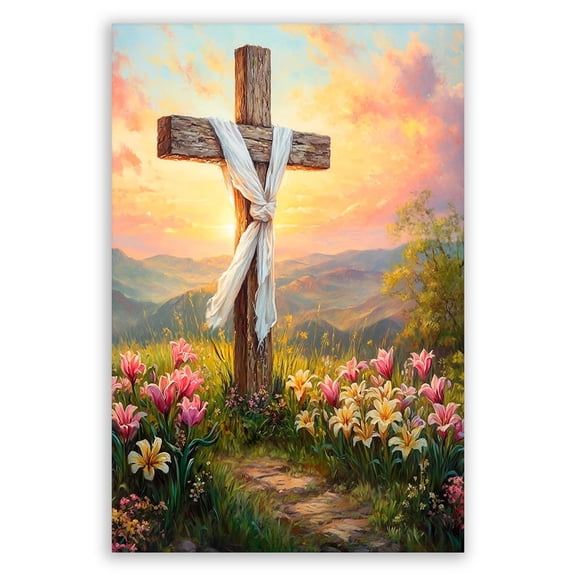 Easter Christian Wall Art - He is Risen Cross on Mountain with Spring Flowers Canvas Poster, 16‘’x24‘’ Unframed ,Inspirational Home Decor,Multicolor