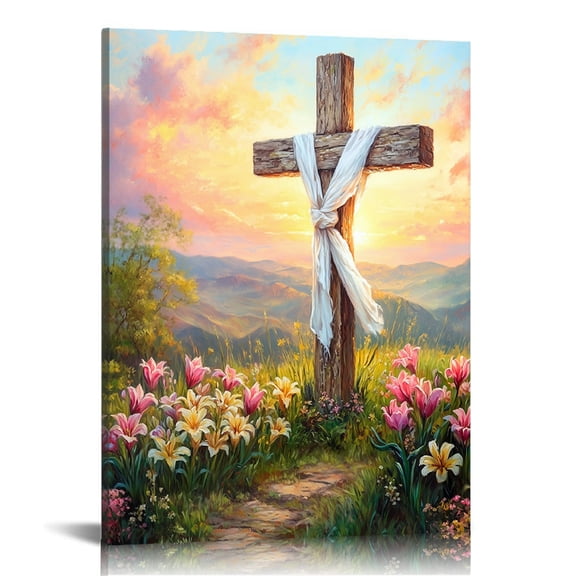 Easter Christian Wall Art, He is Risen Cross on Mountain with Spring Flowers Digital Oil Painting  for Church Home Bedroom living room Home Wall Decor Framed