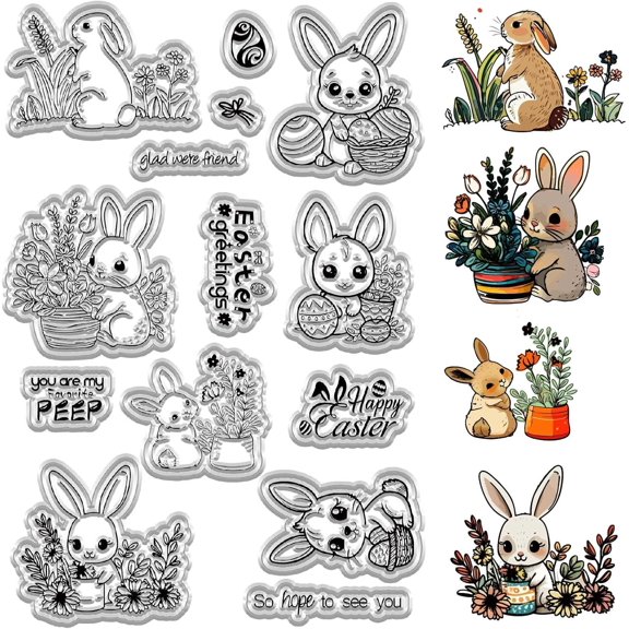 Easter Clear Rubber Stamps Transparent Silicone Seal Words Clears Stamp for Cards Making Rabbit Sealing Happy Easters DIY Scrapbooking Journal Album Decor Reusable Crafting Supplies Mixed Color