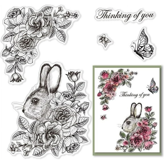 Easter Clear Stamps for Card Making Bunny Rabbit Butterfly Spring Rose Flower Rubber Scrapbooking for DIY Thanksgiving Photo Album Decor Craft diy