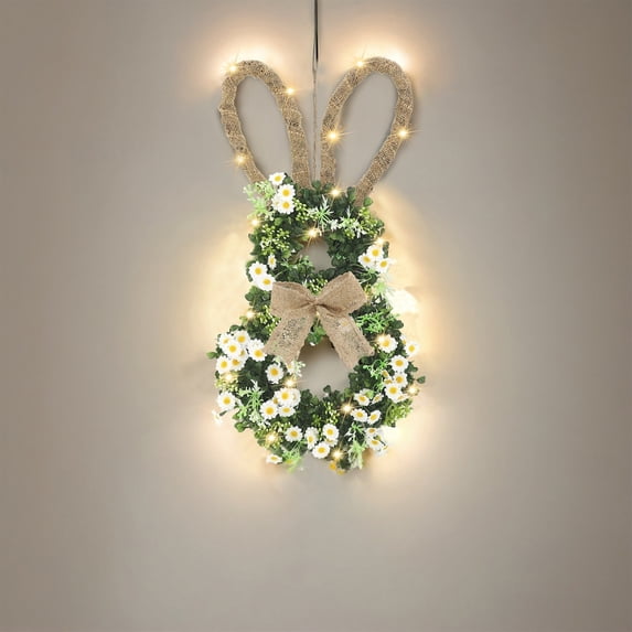 Clearance! Easter Bunny Wreath for Front Door, Lighted Easter Wreaths with 30 LED Warm Lights, Foldable Bunny Wreaths, Pre-Lit Easter Flower Wreath for Spring Decor, Easter Gifts for Mom Dad Wom Men