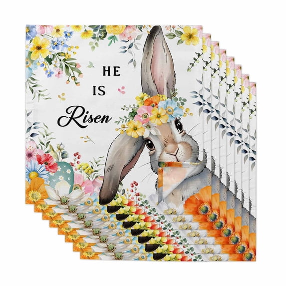 Easter Cloth Napkins, Easter Bunny Spring Watercolor He Is Risen Flowers Washable and Reusable Dinner Napkins Set of 8, Table Napkin for Kitchen Party Birthday Wedding Hotel Housewarming 20"x20"