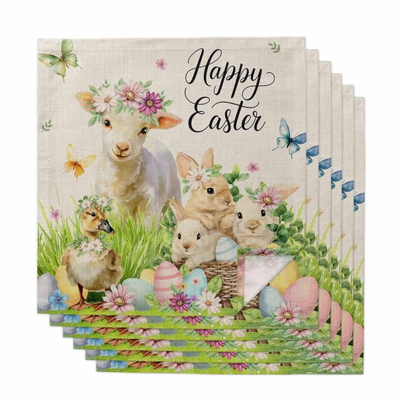 Easter Cloth Napkins, Farmhouse Flowers Wreath Sheep Rabbits Duck Eggs Washable and Reusable Dinner Napkins Set of 6, Table Napkin for Kitchen Party Birthday Wedding Hotel Housewarming 20"x20"