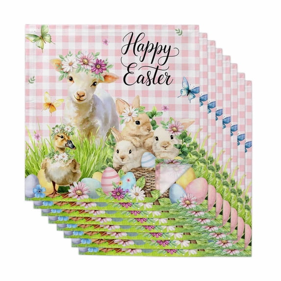 Easter Cloth Napkins, Rabbit Sheep Eggs Butterfly Flowers Pink Grid Washable and Reusable Dinner Napkins Set of 8, Table Napkin for Kitchen Party Birthday Wedding Hotel Housewarming 20"x20"