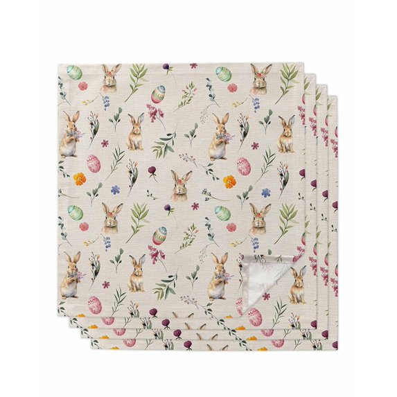 Easter Cloth Napkins Set of 4 Reusable Dinner Napkins, Country Rabbits Colorful Eggs Leaves Flowers Cocktail Napkin Washable Table Napkins for Wedding/Holiday Party/Baby Shower 20"x20"