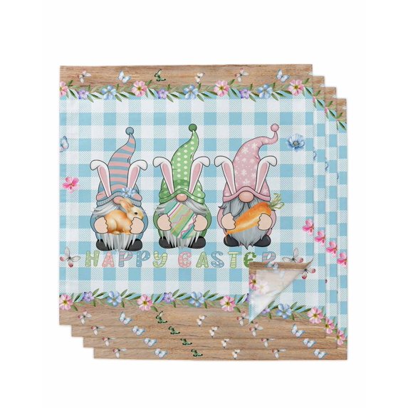 Easter Cloth Napkins Set of 4 Reusable Dinner Napkins, Spring Gnomes Bunny Eggs Flowers Blue Checkered Cocktail Napkin Washable Table Napkins for Wedding/Holiday Party/Baby Shower 20"x20"