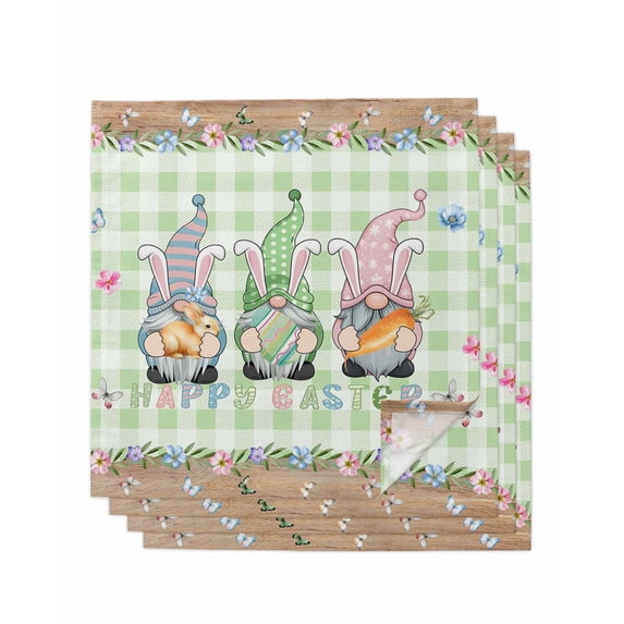 Easter Cloth Napkins Set of 4 Reusable Dinner Napkins, Spring Pastoral Gnomes Bunny Eggs Green Lattice Cocktail Napkin Washable Table Napkins for Wedding/Holiday Party/Baby Shower 20"x20"