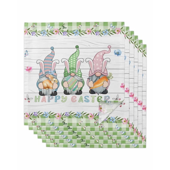 Easter Cloth Napkins Set of 6 Reusable Dinner Napkins, Gnomes Flowers Bunny Eggs Plaid Wooden Grain Cocktail Napkin Washable Table Napkins for Wedding/Holiday Party/Baby Shower 20"x20"