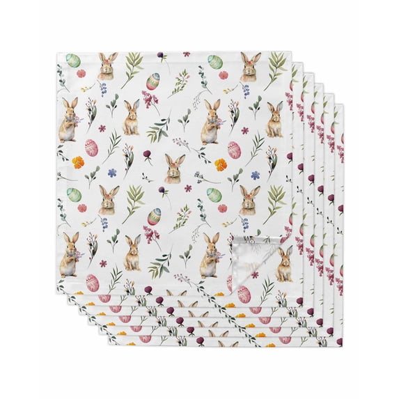 Easter Cloth Napkins Set of 6 Reusable Dinner Napkins, Spring Farmhouse Rabbits Eggs Leaves Flowers Cocktail Napkin Washable Table Napkins for Wedding/Holiday Party/Baby Shower 20"x20"
