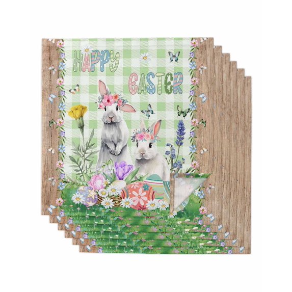 Easter Cloth Napkins Set of 6 Reusable Dinner Napkins, Spring Rabbit Botanical Flowers Eggs Plaid Cocktail Napkin Washable Table Napkins for Wedding/Holiday Party/Baby Shower 20"x20"